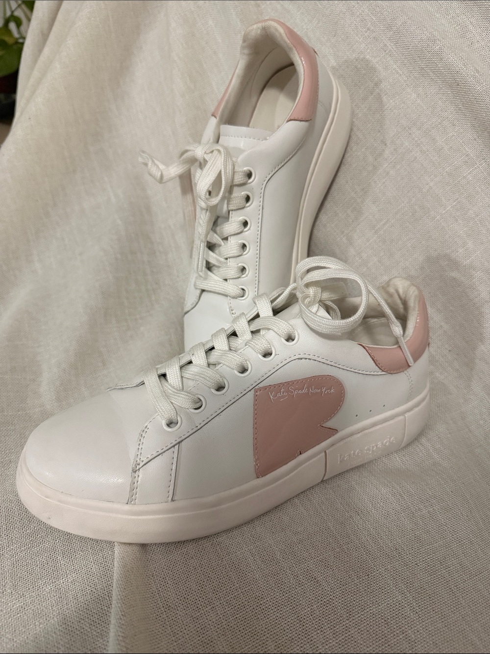 kate spade White Leather Sneakers with Pink Heart Accent